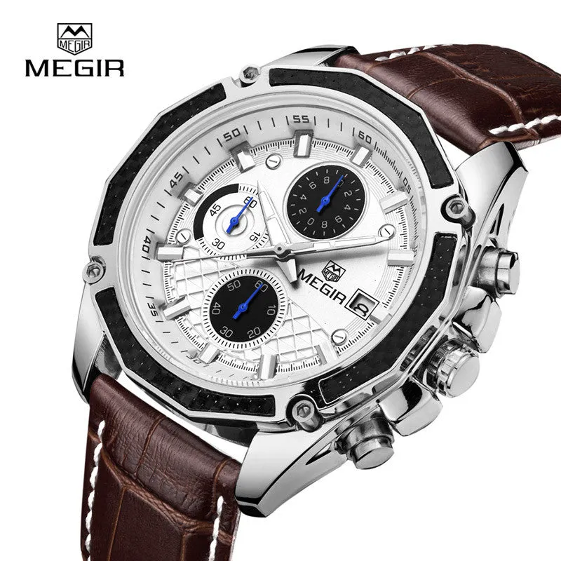 Megir fashion sport quartz watches men casual leather brand wristwatch man hot waterproof luminous stop watch for male hour