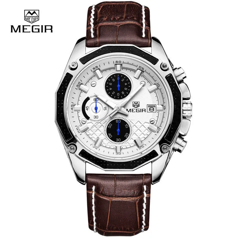 Megir fashion sport quartz watches men casual leather brand wristwatch man hot waterproof luminous stop watch for male hour