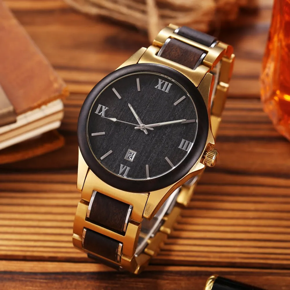 Men's Golden Quartz Wooden Watch