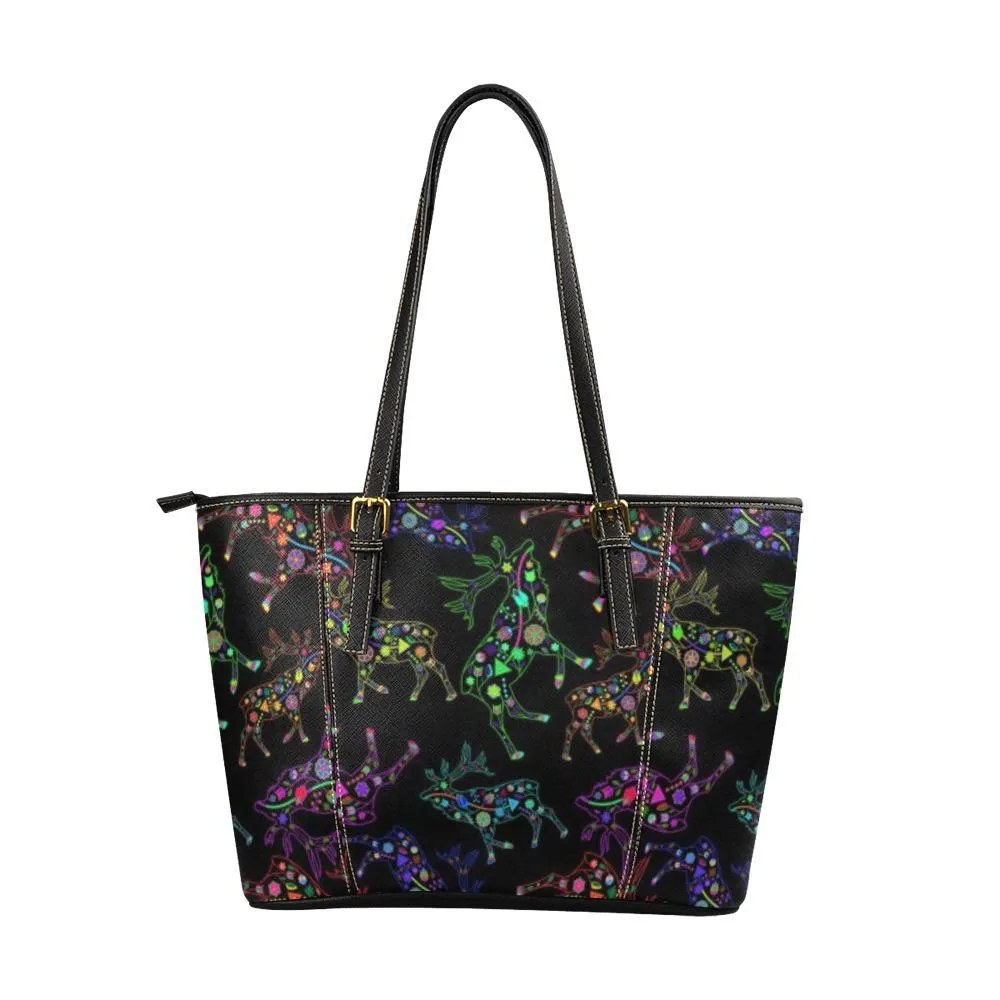 Neon Floral Elks Leather Tote Bag/Large