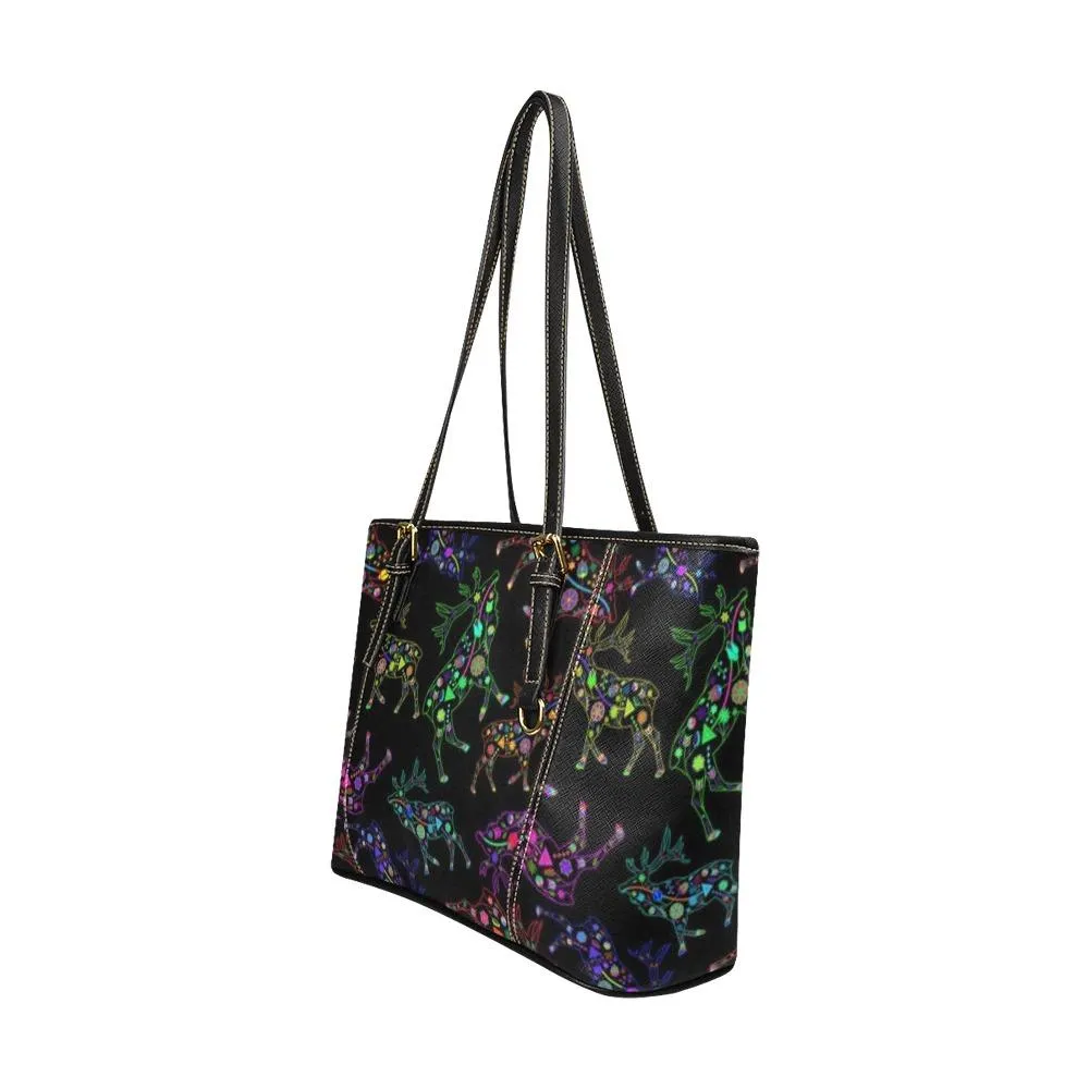 Neon Floral Elks Leather Tote Bag/Large