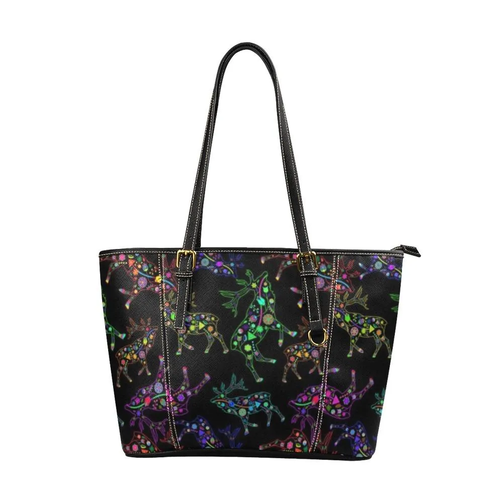 Neon Floral Elks Leather Tote Bag/Large