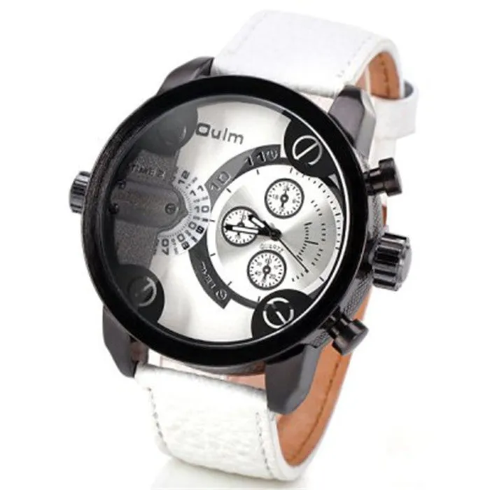 Oulm Men Watch with Double Movt Numbers and Strips Hours Marks Leather Band Quartz men sports Watch Military watches