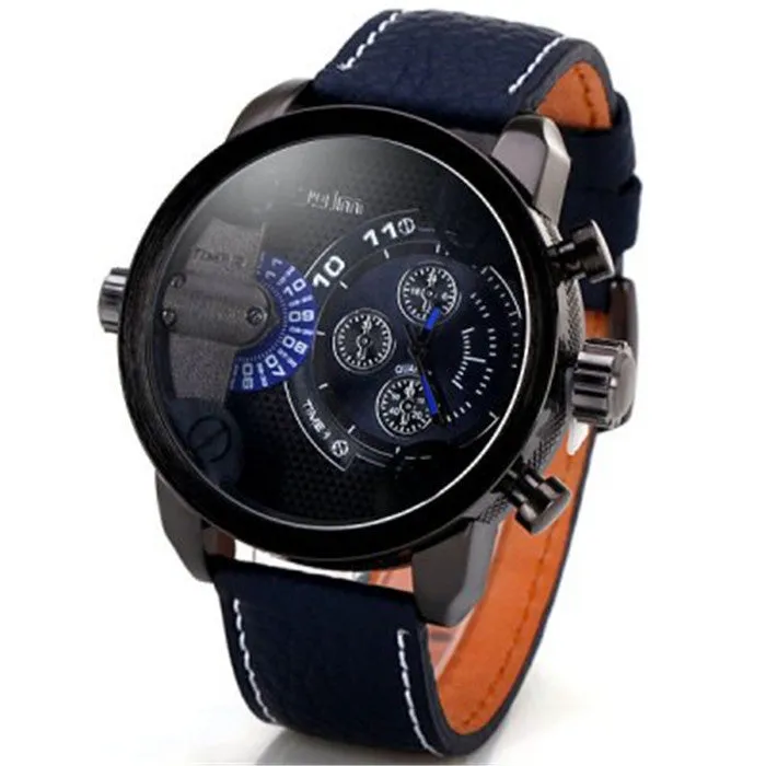 Oulm Men Watch with Double Movt Numbers and Strips Hours Marks Leather Band Quartz men sports Watch Military watches