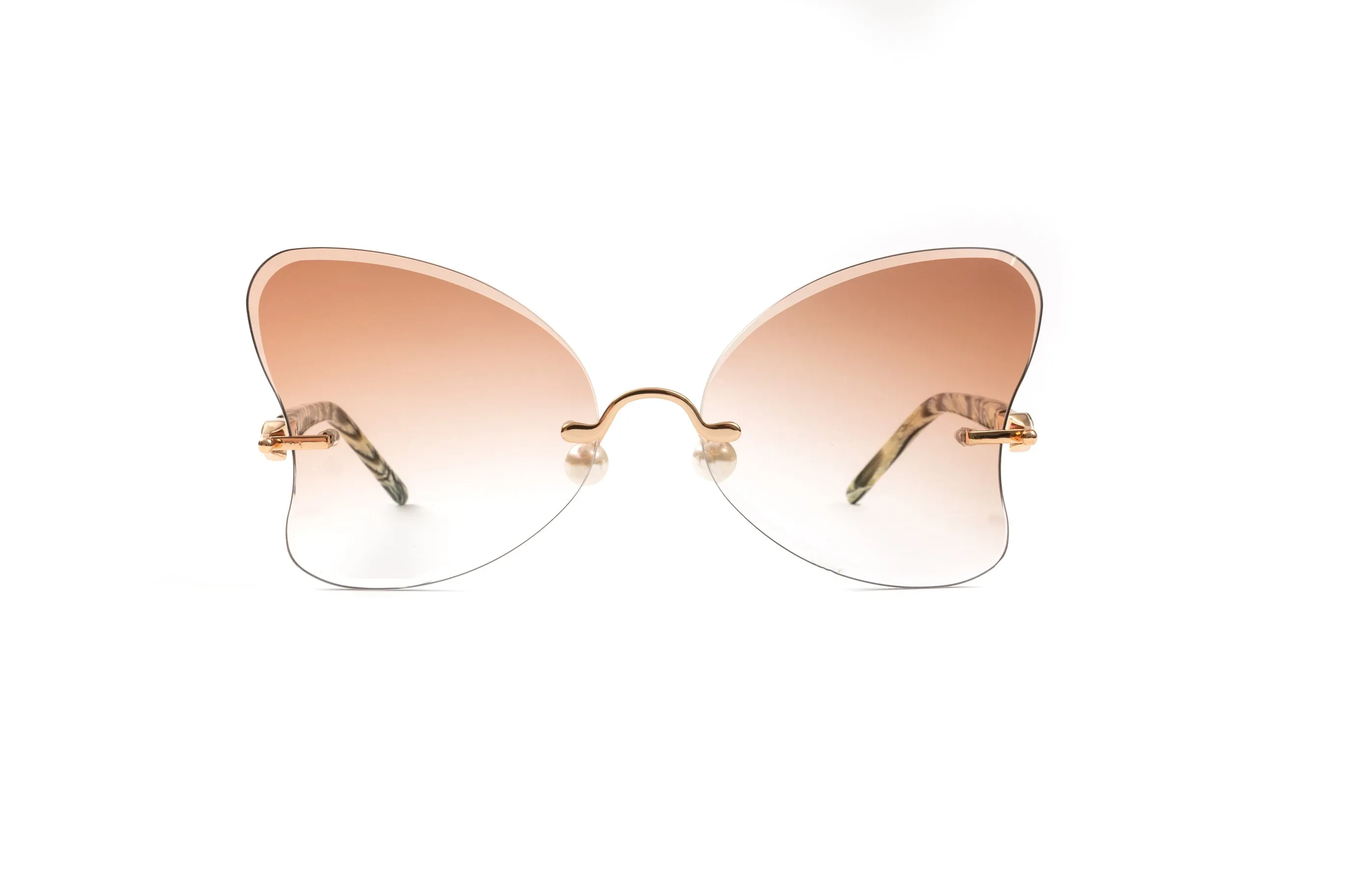 PEARL COLLECTION 18KT Gold & White/Black Acetate Sunglasses, Gradient Brown Butterfly Lenses