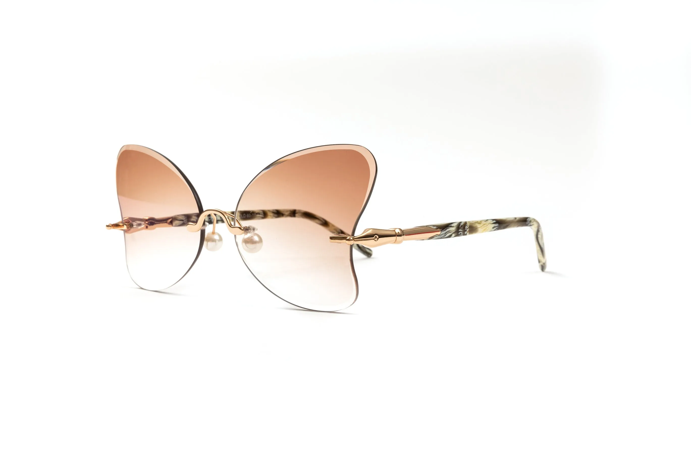 PEARL COLLECTION 18KT Gold & White/Black Acetate Sunglasses, Gradient Brown Butterfly Lenses