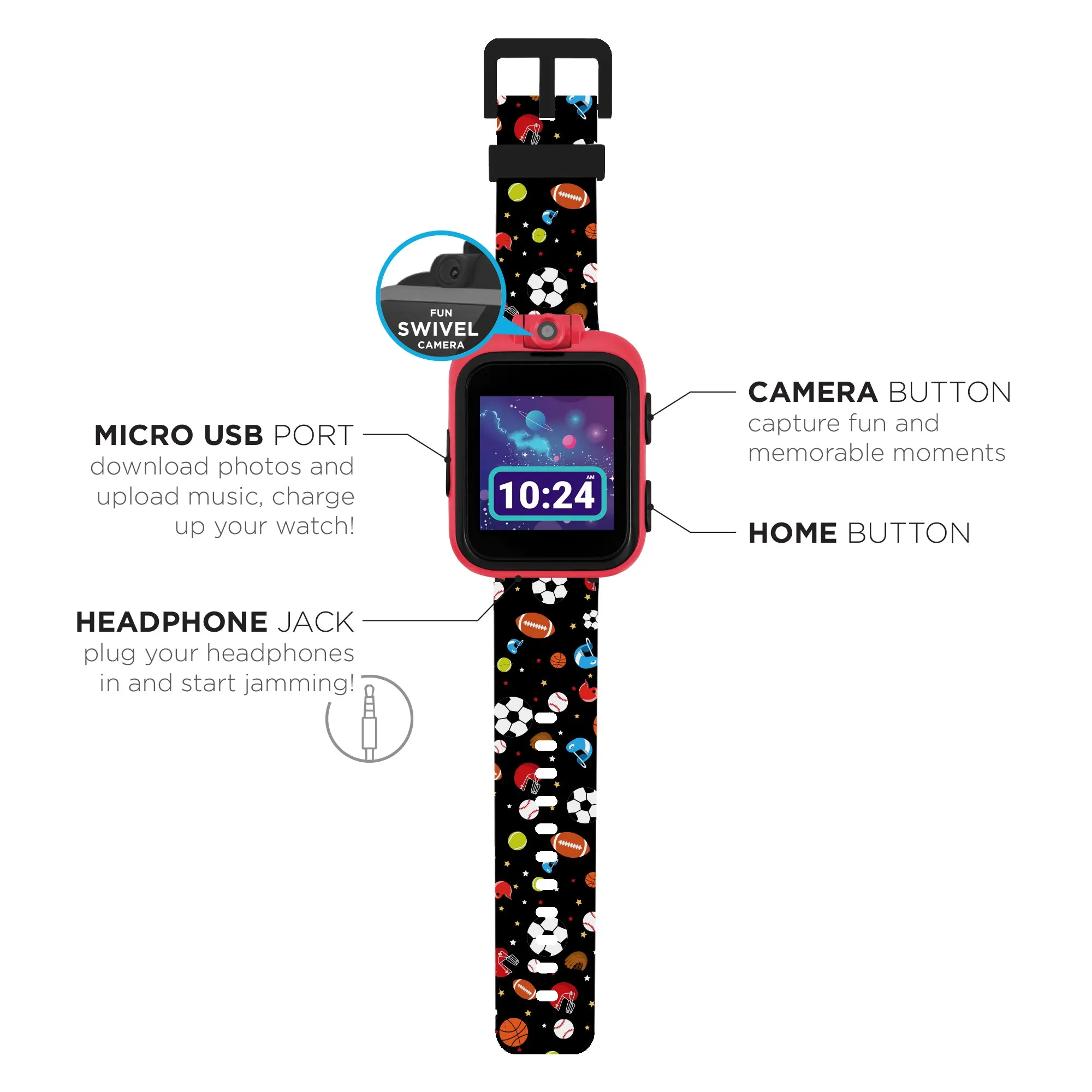 PlayZoom 2 Kids Smartwatch with Headphones: Black Sports Print