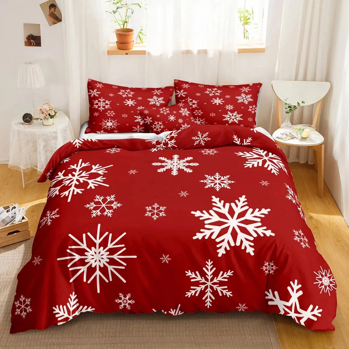 Red Christmas Snowflake Duvet Cover Bedding Sets