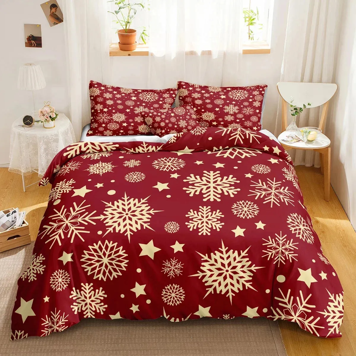 Red Christmas Snowflake Duvet Cover Bedding Sets