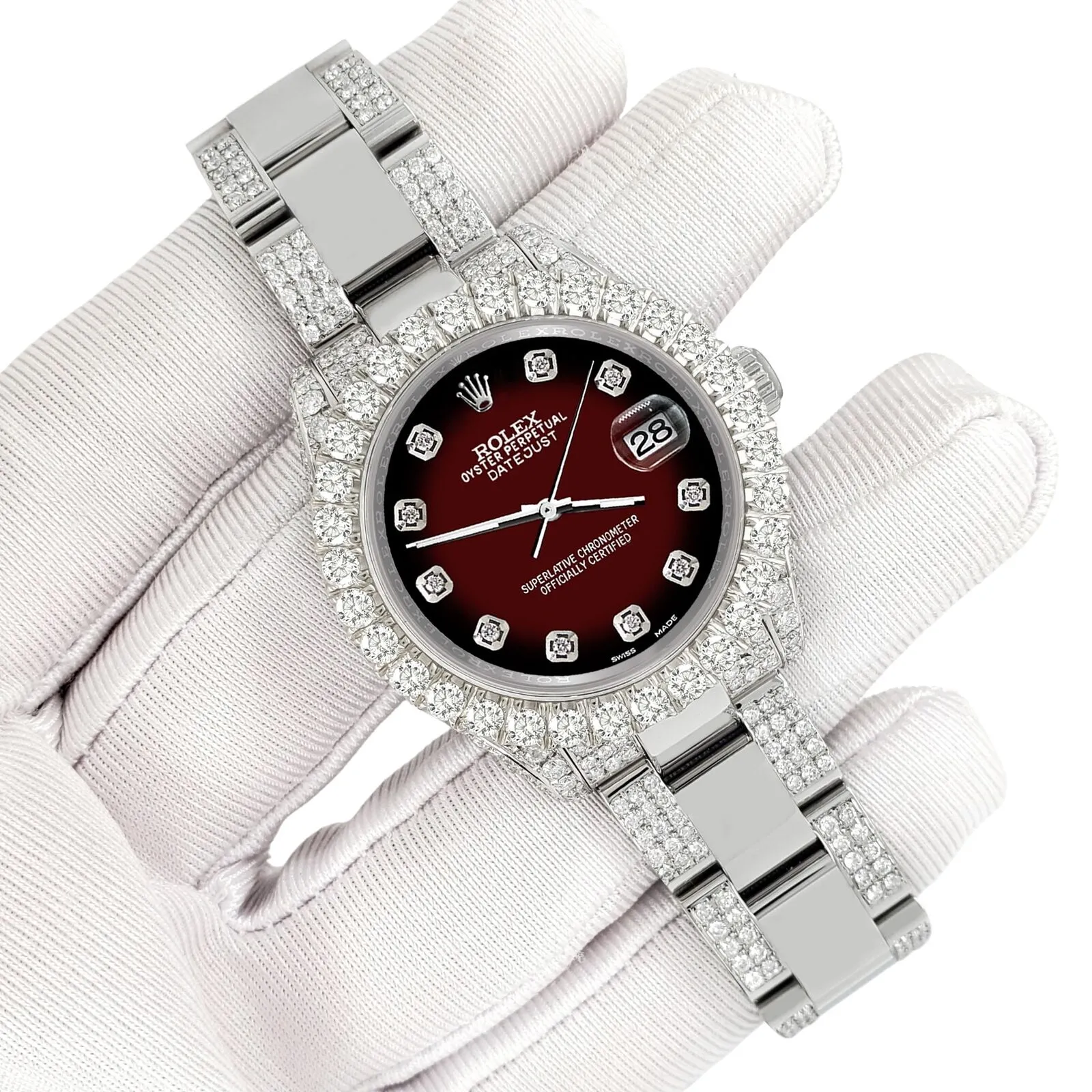 Rolex Datejust 31mm Pave 7.2ct Iced Diamond Maroon Vignette Watch  TFJ-142508483