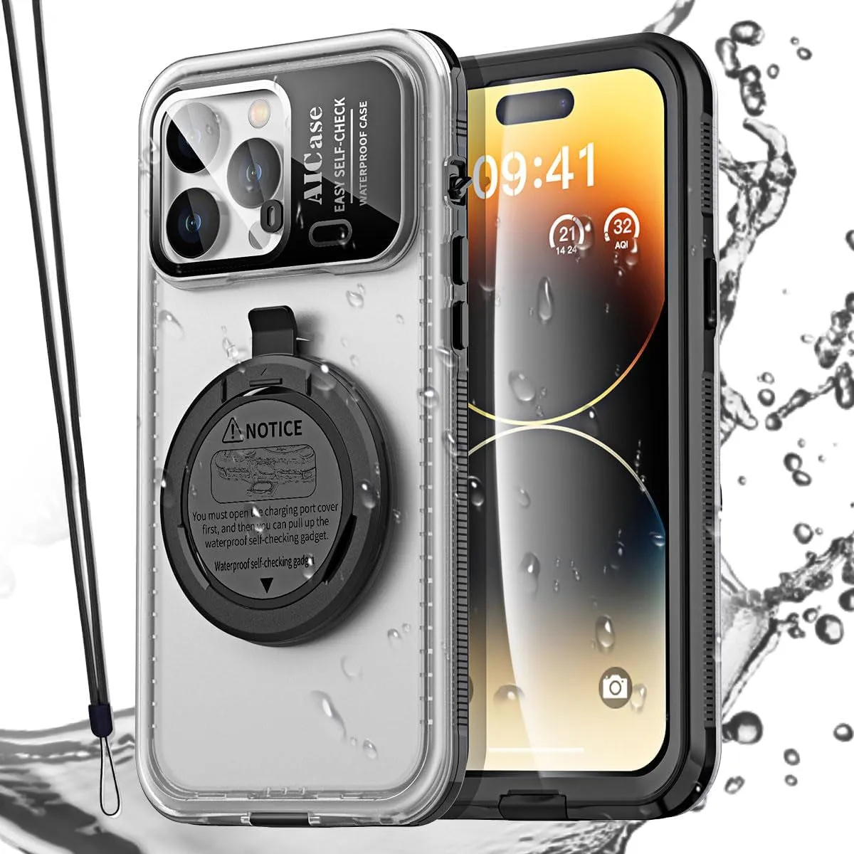 Self-Check Waterproof Phone Case for iPhone 14 Pro, Underwater Touchscreen Water Proof Dustproof Snowproof Diving Phone Case Built-in Screen Protector for Shower, Bike, Beach, Snorkeling