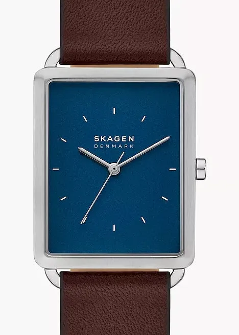 SKAGEN HAGEN RECTANGULAR SHAPE BLUE DIAL BROWN LEATHER SKW6930