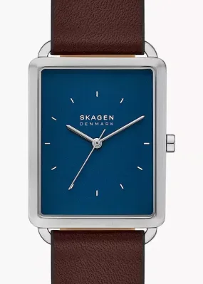 SKAGEN HAGEN RECTANGULAR SHAPE BLUE DIAL BROWN LEATHER SKW6930