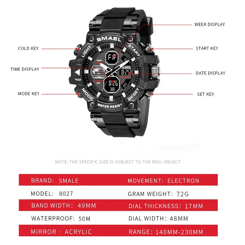 Sport Watches SMAEL Men Watch Military Army 50M Waterproof Auto Date Alarm Clock 8027 Quartz Wristwatches Digital Light Watch