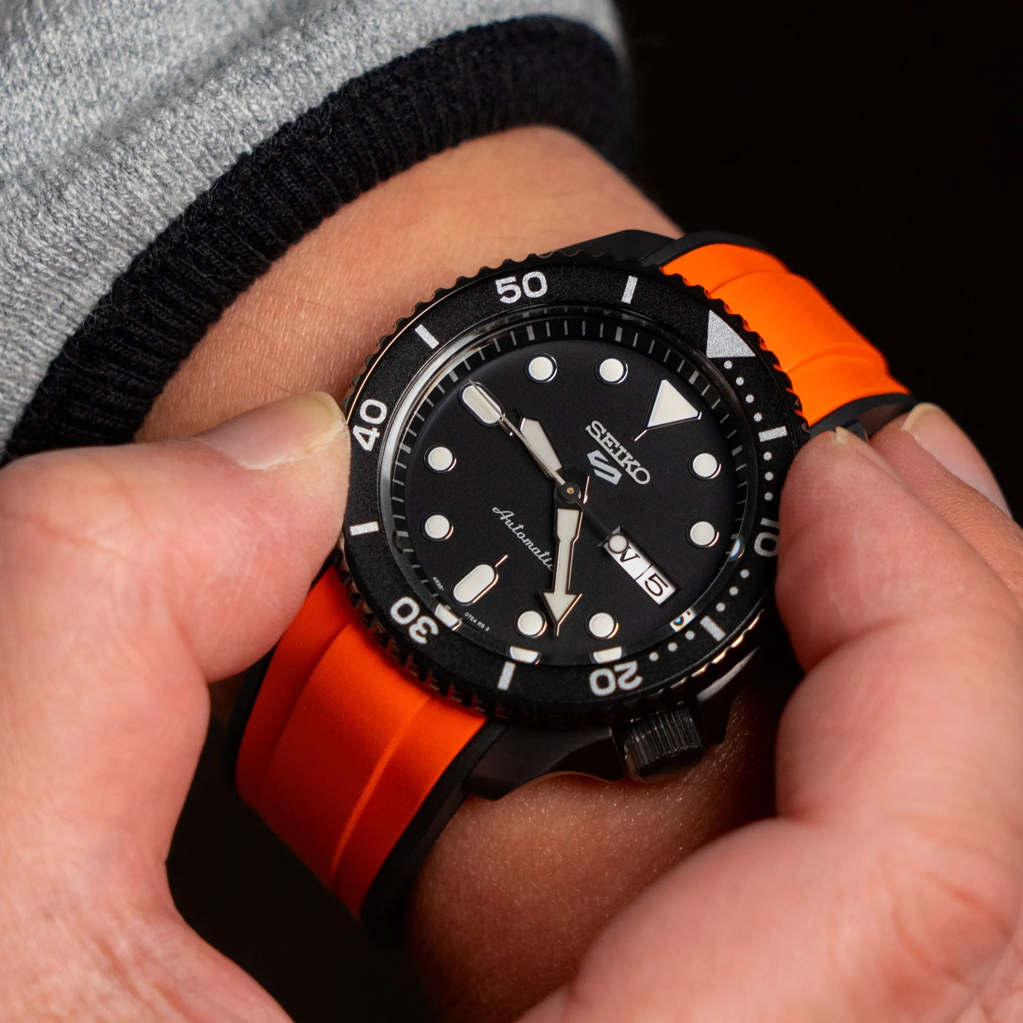 StrapXPro - SX1A Rubber Strap for New Seiko 5 Sport 5KX/GMT, Orange / Black