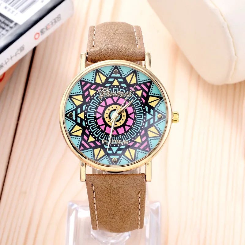 Stylish optimum Clock Brand Geneva Watch Women Popular Quartz Watch Wheat Leather Watch Relogio Feminino Graffiti Watch