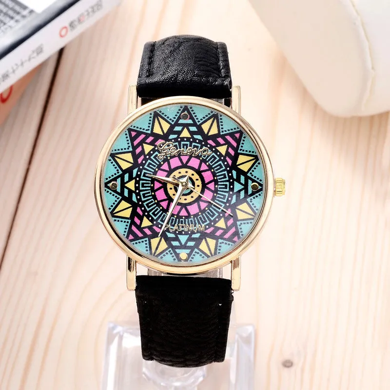 Stylish optimum Clock Brand Geneva Watch Women Popular Quartz Watch Wheat Leather Watch Relogio Feminino Graffiti Watch