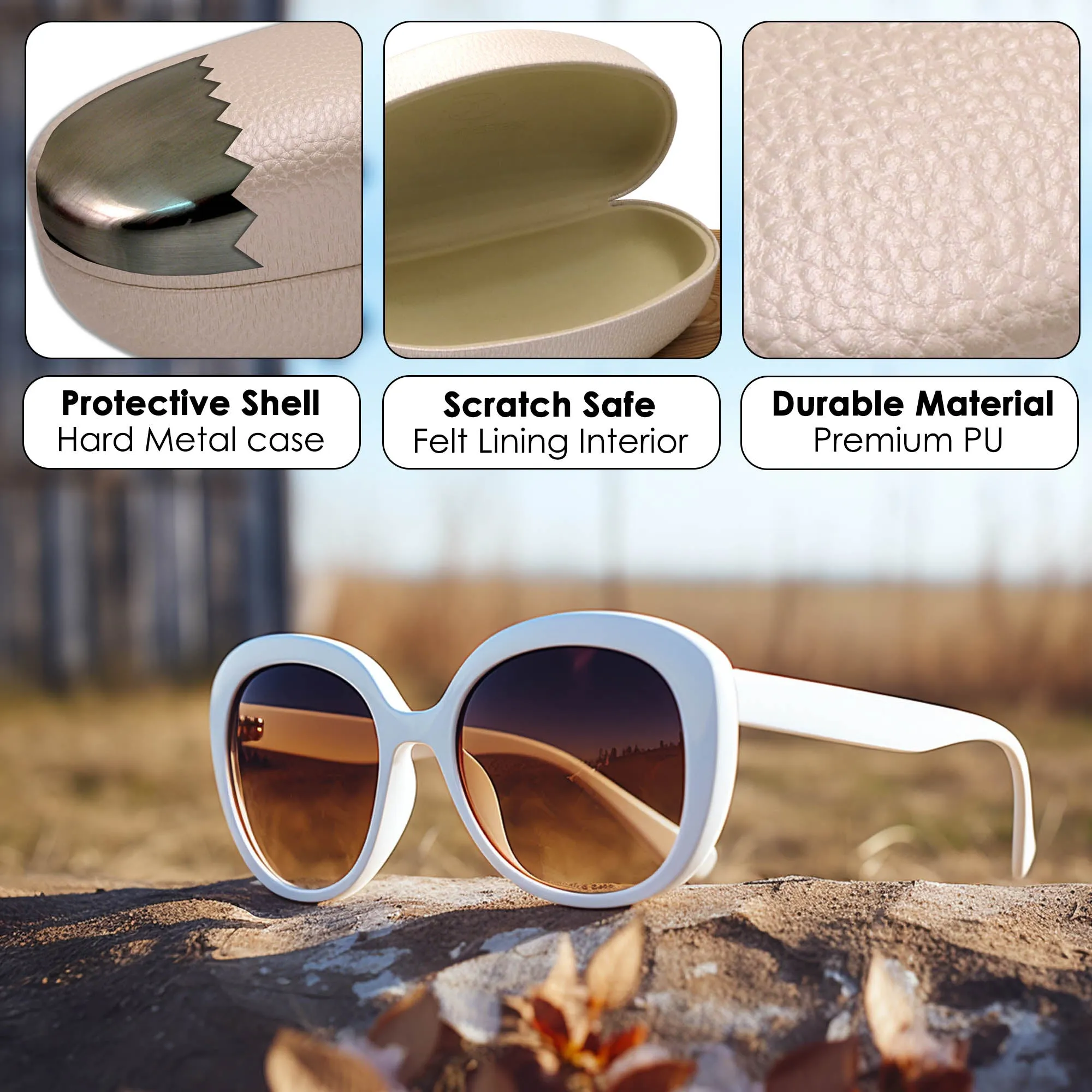 Sunglass Case for Curved Frames in Faux Leather Pearl - large Microfiber Pouch & Cleaning Cloth - Large to Extra Large Frames (AS413 Pearl)