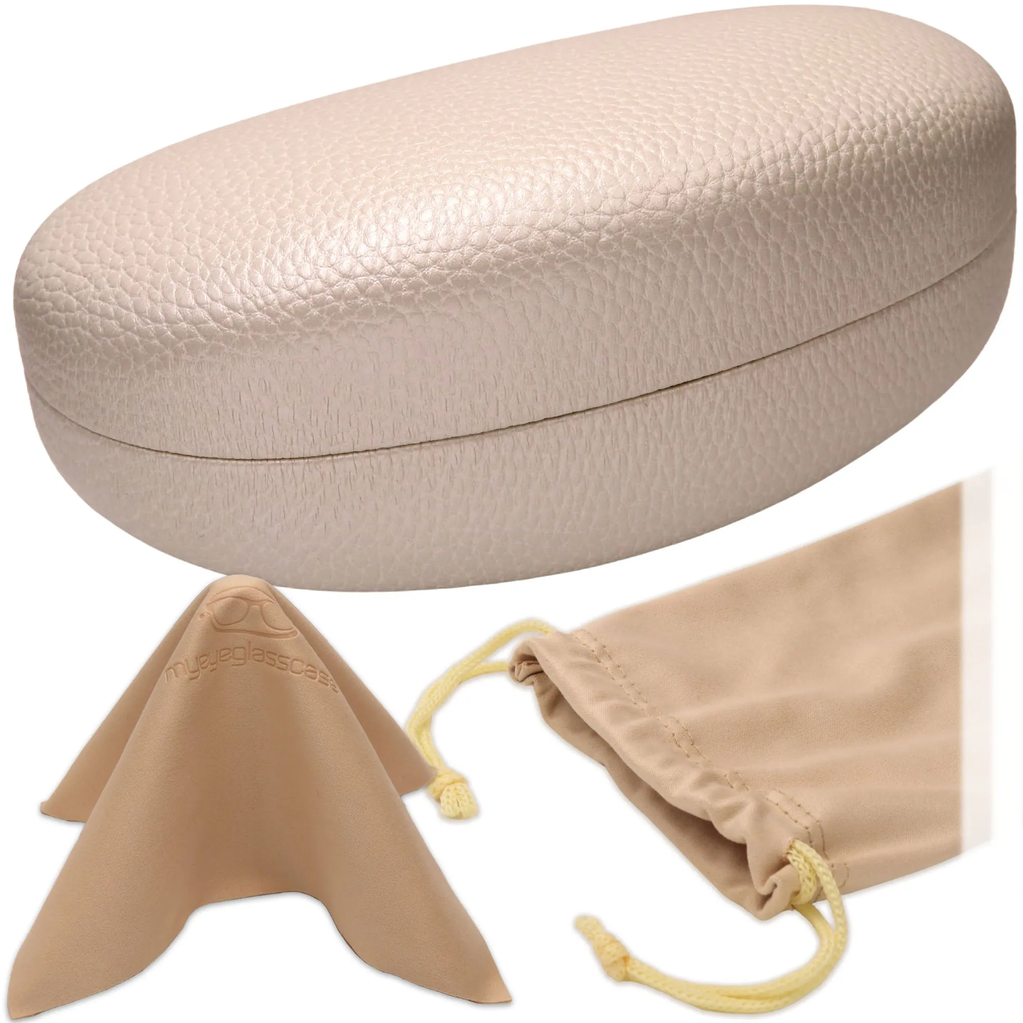 Sunglass Case for Curved Frames in Faux Leather Pearl - large Microfiber Pouch & Cleaning Cloth - Large to Extra Large Frames (AS413 Pearl)