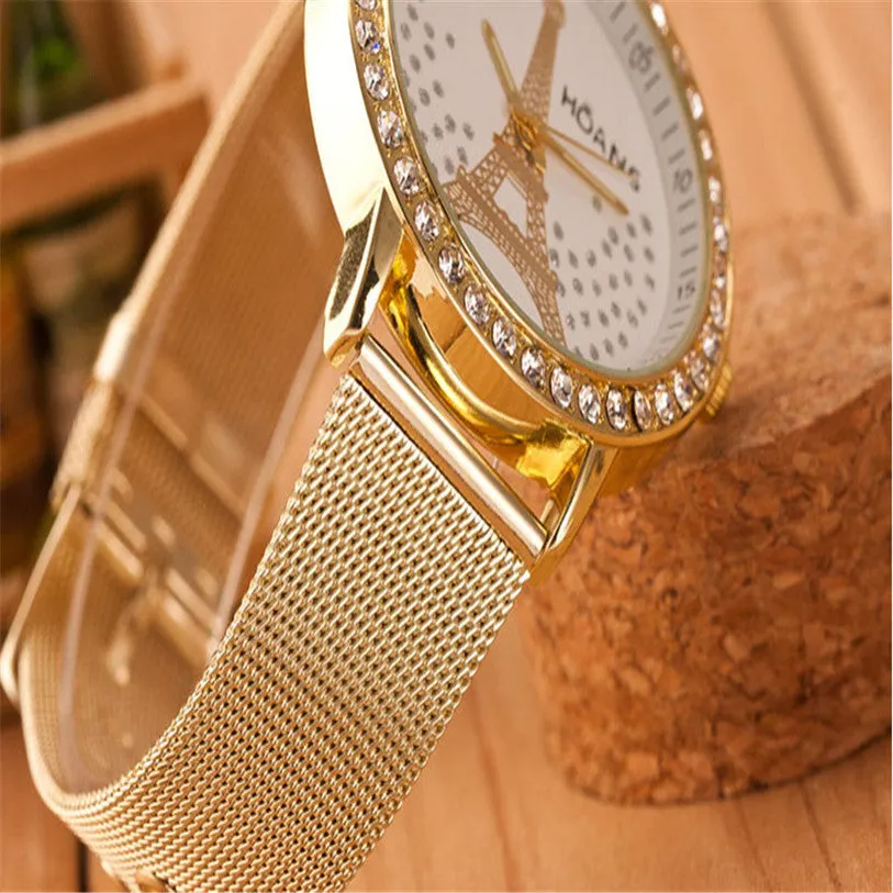 Superior Ladies Crystal Tower Gold Stainless Steel Mesh Band Wrist Watch