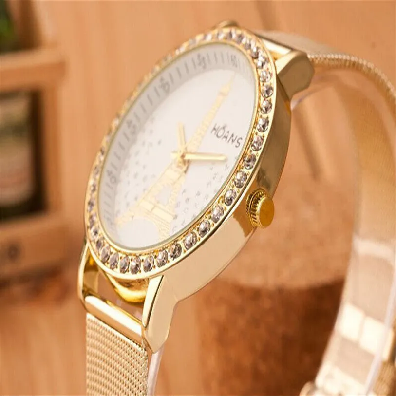 Superior Ladies Crystal Tower Gold Stainless Steel Mesh Band Wrist Watch