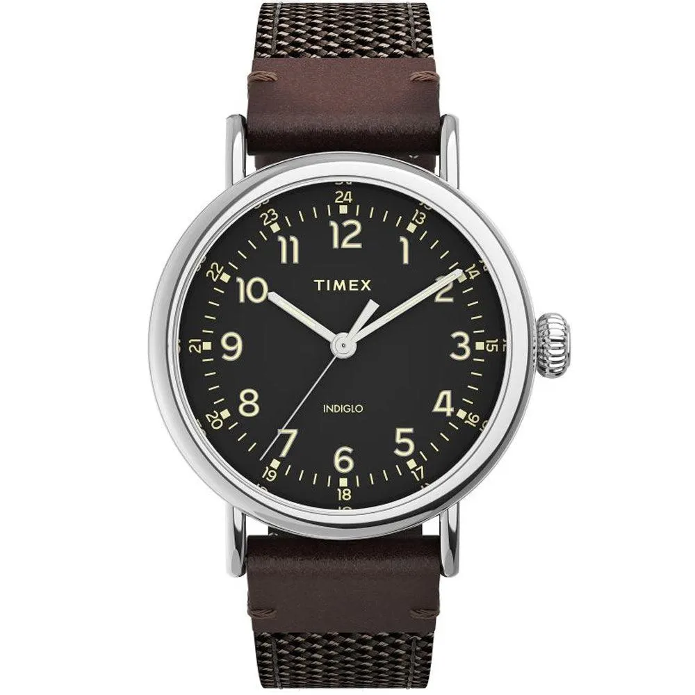 Timex Standard Black/Brown Leather and Fabric Strap Watch TW2U89600