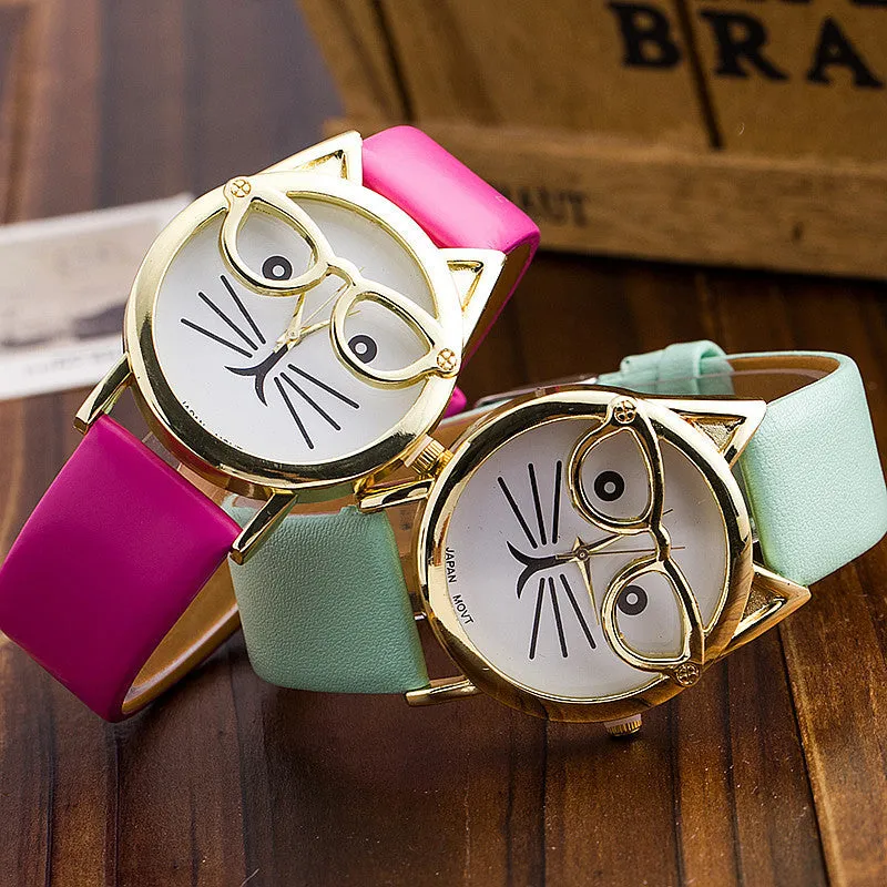 Vintage Cat Watch with Glasses Fashion Women Quartz Watches Leather Strap