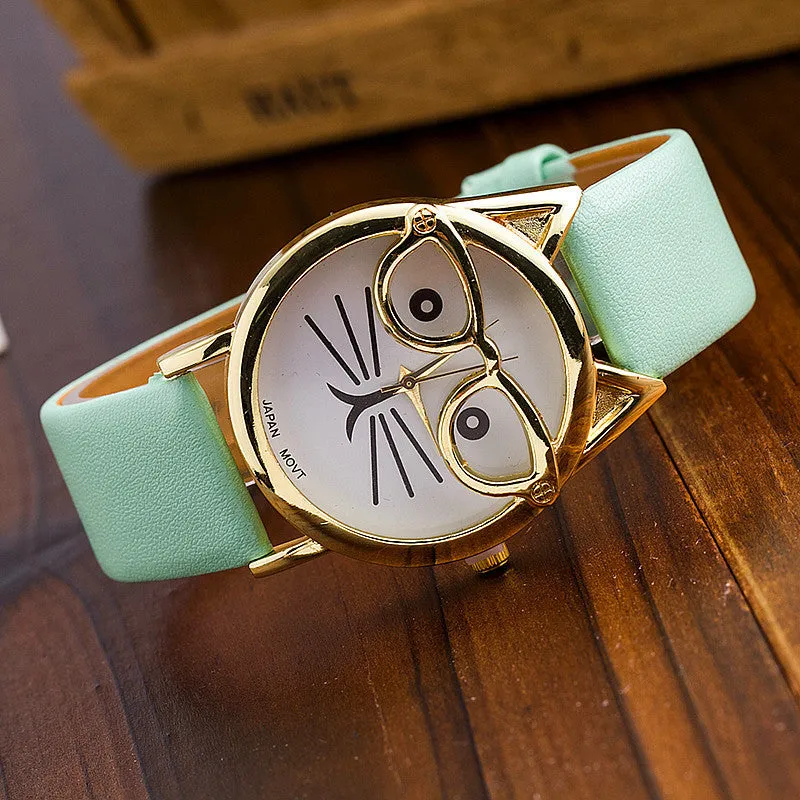 Vintage Cat Watch with Glasses Fashion Women Quartz Watches Leather Strap