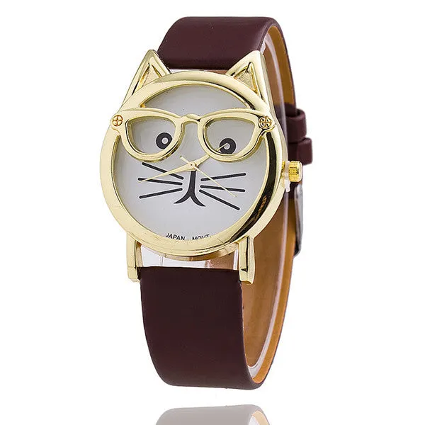 Vintage Cat Watch with Glasses Fashion Women Quartz Watches Leather Strap