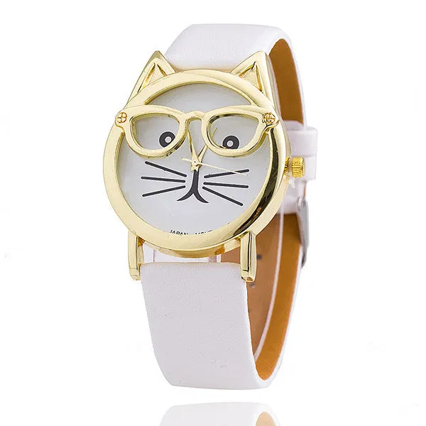 Vintage Cat Watch with Glasses Fashion Women Quartz Watches Leather Strap