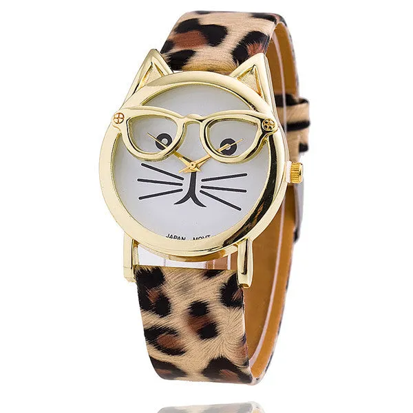 Vintage Cat Watch with Glasses Fashion Women Quartz Watches Leather Strap