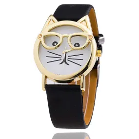 Vintage Cat Watch with Glasses Fashion Women Quartz Watches Leather Strap