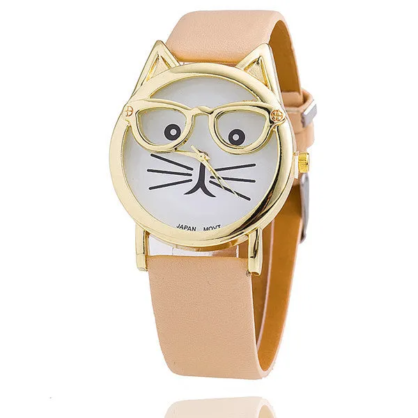 Vintage Cat Watch with Glasses Fashion Women Quartz Watches Leather Strap