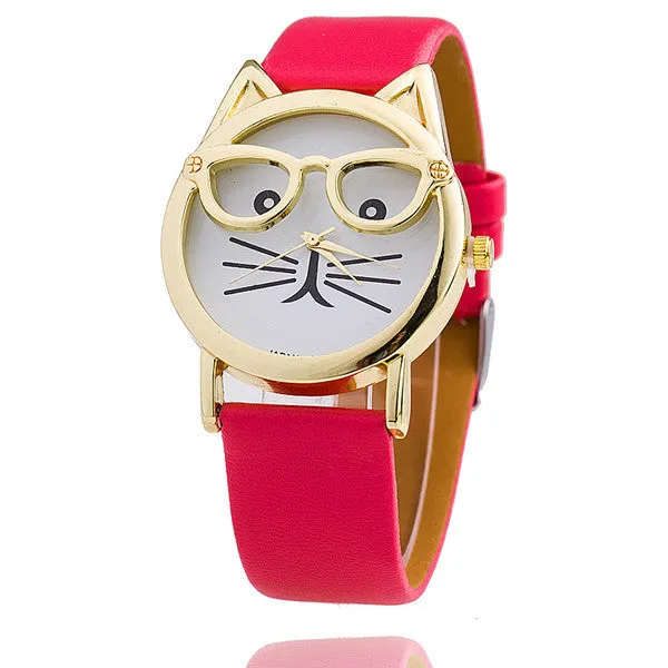 Vintage Cat Watch with Glasses Fashion Women Quartz Watches Leather Strap