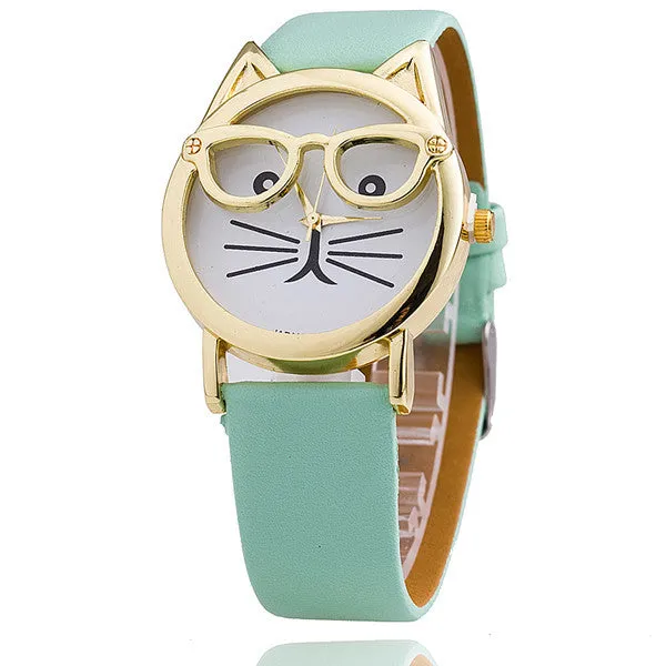 Vintage Cat Watch with Glasses Fashion Women Quartz Watches Leather Strap