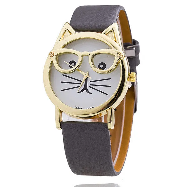 Vintage Cat Watch with Glasses Fashion Women Quartz Watches Leather Strap