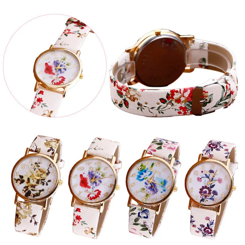 Watch Women Trendy Fashion Flower Patterns Dress Watches Female Hour Leather Lady Dress Analog Quartz Vogue Clock Relogio