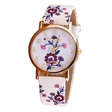 Watch Women Trendy Fashion Flower Patterns Dress Watches Female Hour Leather Lady Dress Analog Quartz Vogue Clock Relogio