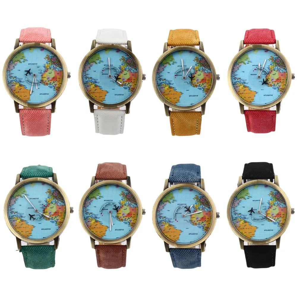 Women Men Unisex Fashion Vintage Casual World Map watch By Airplane belt Dial Analog Quartz Wrist Watch for Children and adults