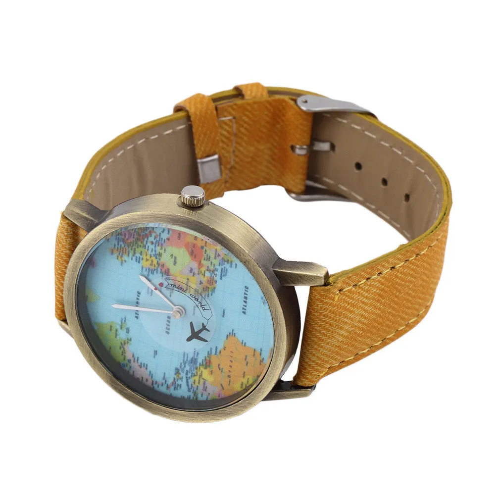 Women Men Unisex Fashion Vintage Casual World Map watch By Airplane belt Dial Analog Quartz Wrist Watch for Children and adults