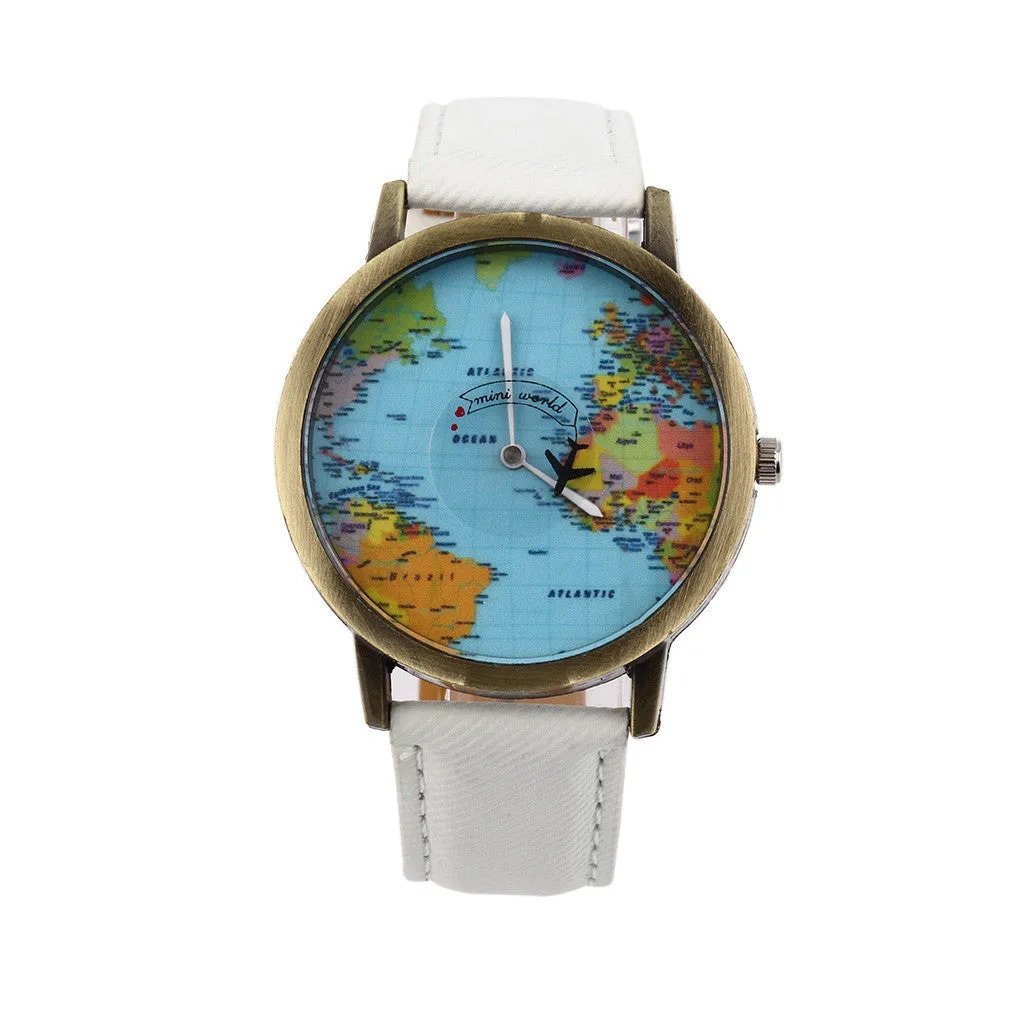 Women Men Unisex Fashion Vintage Casual World Map watch By Airplane belt Dial Analog Quartz Wrist Watch for Children and adults