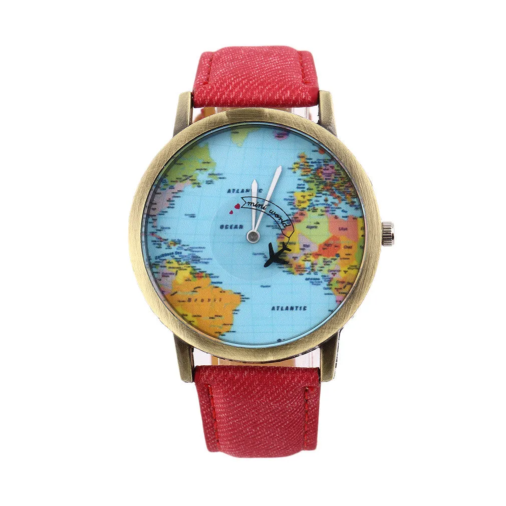 Women Men Unisex Fashion Vintage Casual World Map watch By Airplane belt Dial Analog Quartz Wrist Watch for Children and adults