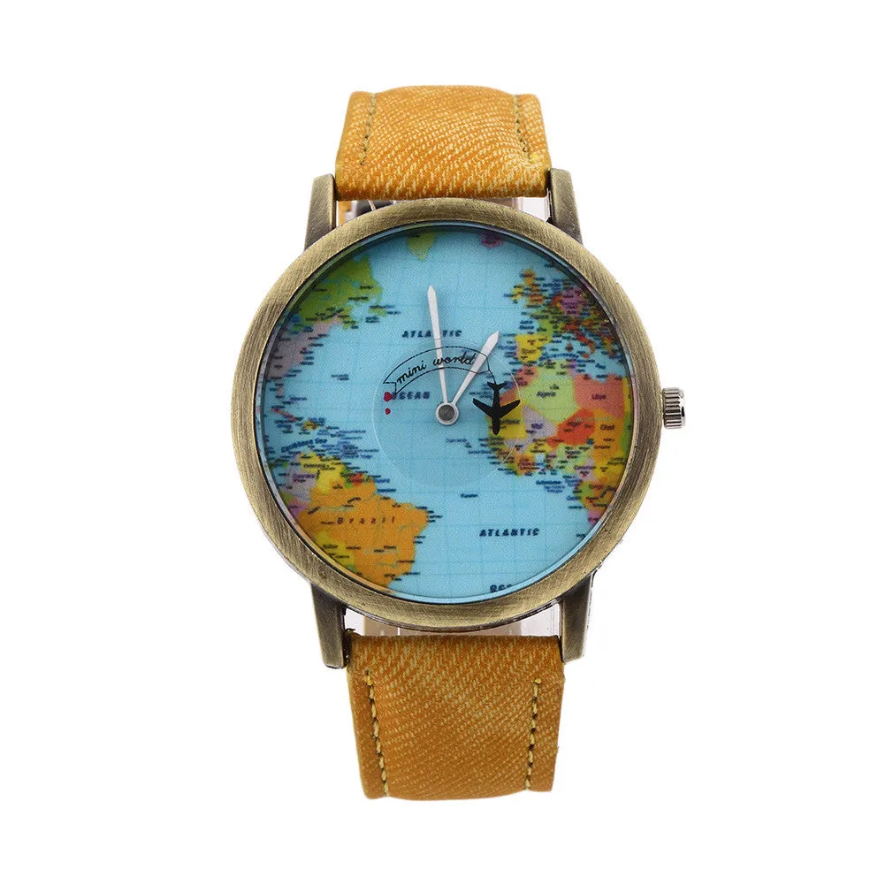 Women Men Unisex Fashion Vintage Casual World Map watch By Airplane belt Dial Analog Quartz Wrist Watch for Children and adults