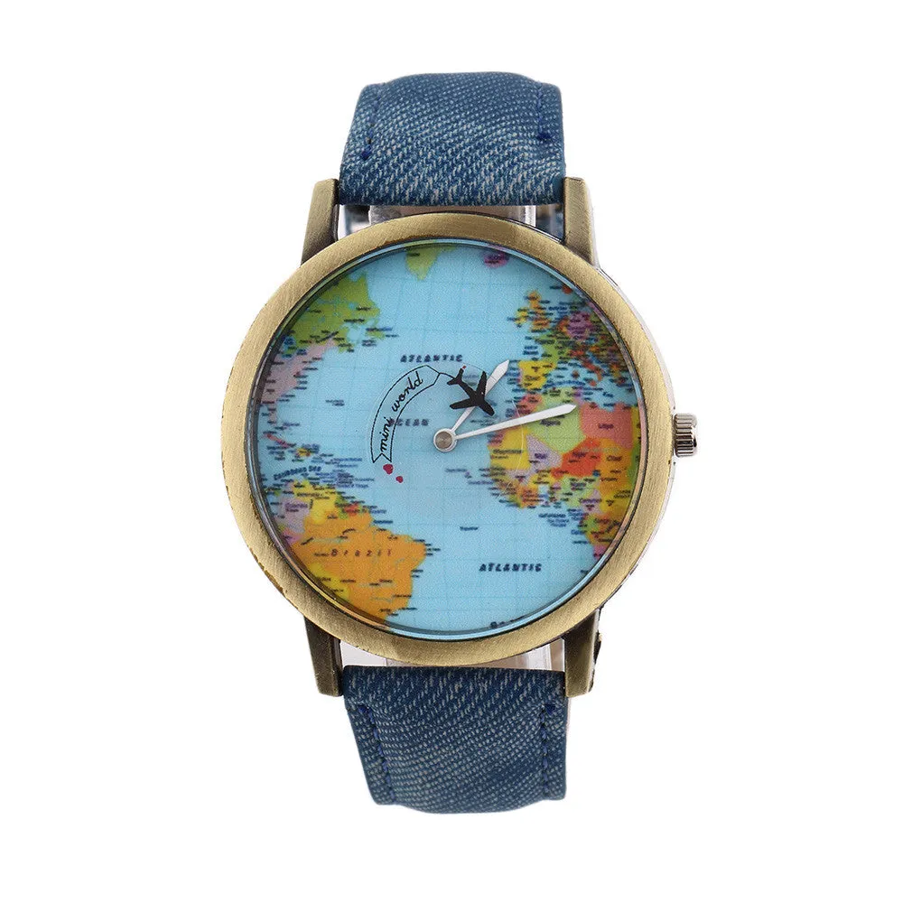 Women Men Unisex Fashion Vintage Casual World Map watch By Airplane belt Dial Analog Quartz Wrist Watch for Children and adults