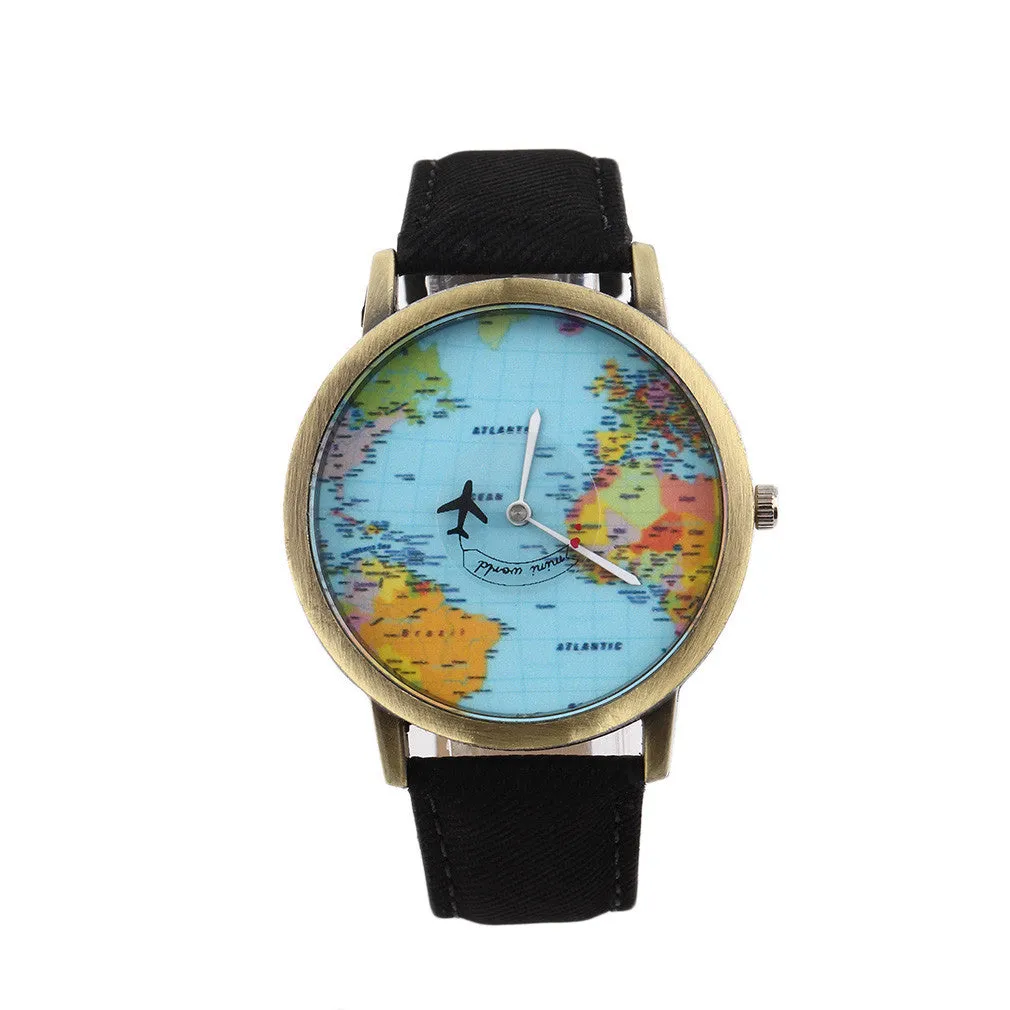 Women Men Unisex Fashion Vintage Casual World Map watch By Airplane belt Dial Analog Quartz Wrist Watch for Children and adults