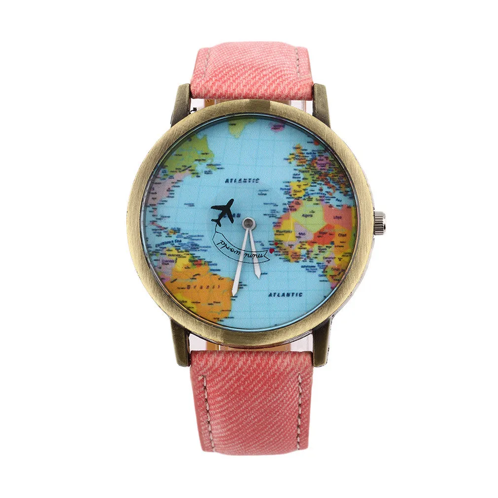 Women Men Unisex Fashion Vintage Casual World Map watch By Airplane belt Dial Analog Quartz Wrist Watch for Children and adults