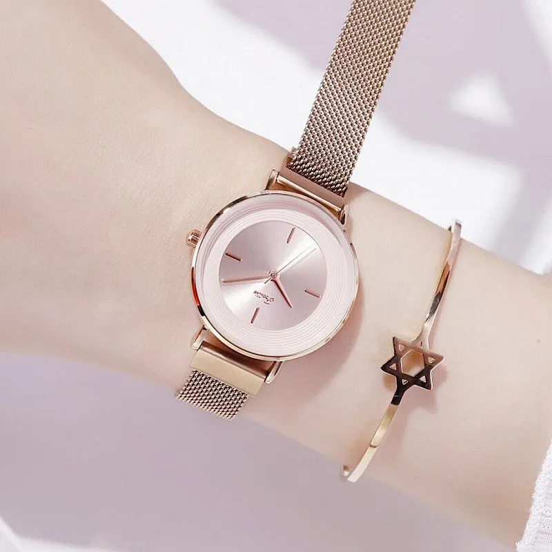 Women's Watch Rose gold printed round dial milan strap simple watch