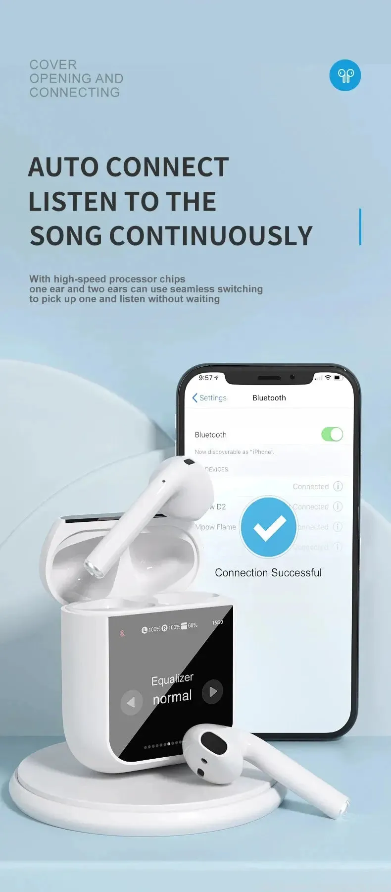 Xiaomi A2Pro Touch Screen Noise Reduction Earphones Active Wireless ANV Full Color LED Intelligent Wireless Bluetooth Headphones